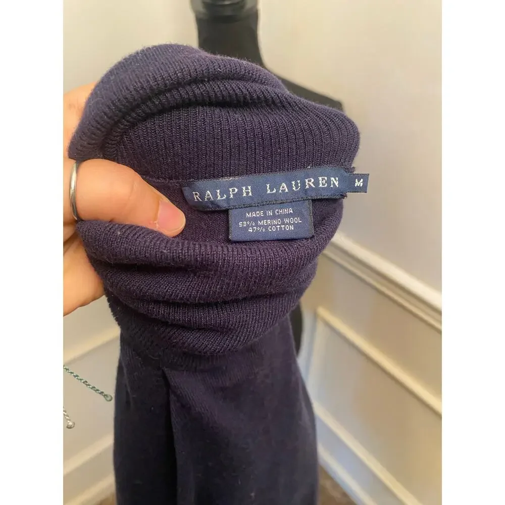 Vintage Ralph Lauren Navy Blue Merino Wool Blend Turtleneck Sweater Ribbed Cuffs